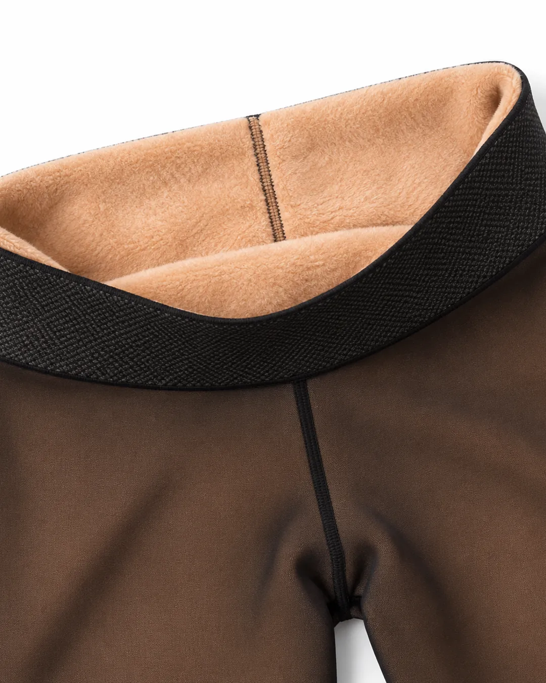 Waistband folded out to show the soft nude fleece lining